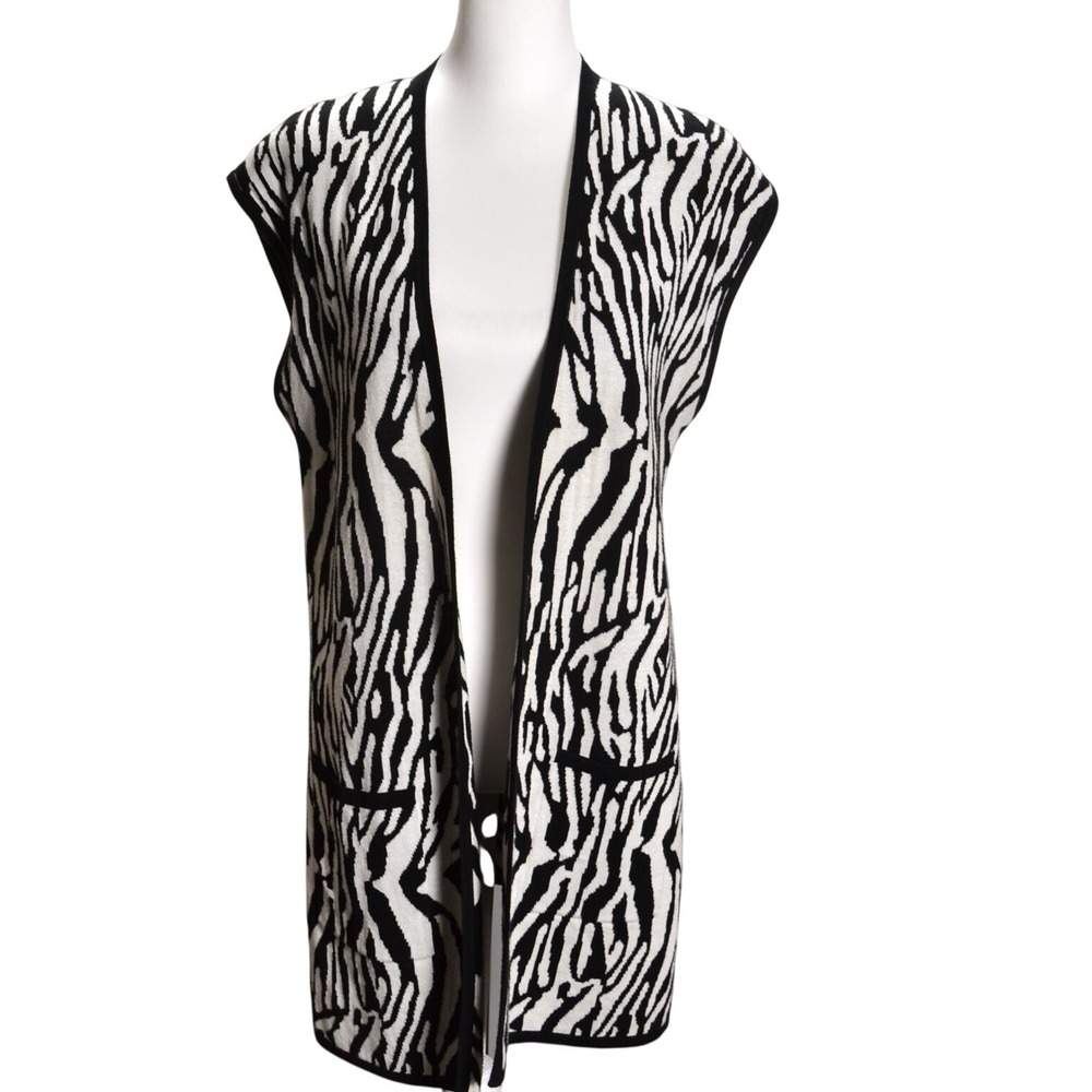 Open Front Sleeveless Knit Zebra Print Vest Casual Travel Office Black White Med